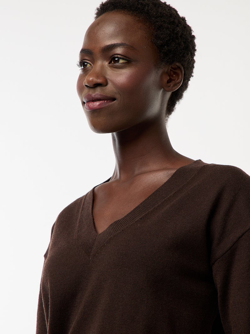 Pullover in maglia leggera scollo a V Marrone - Kiabi