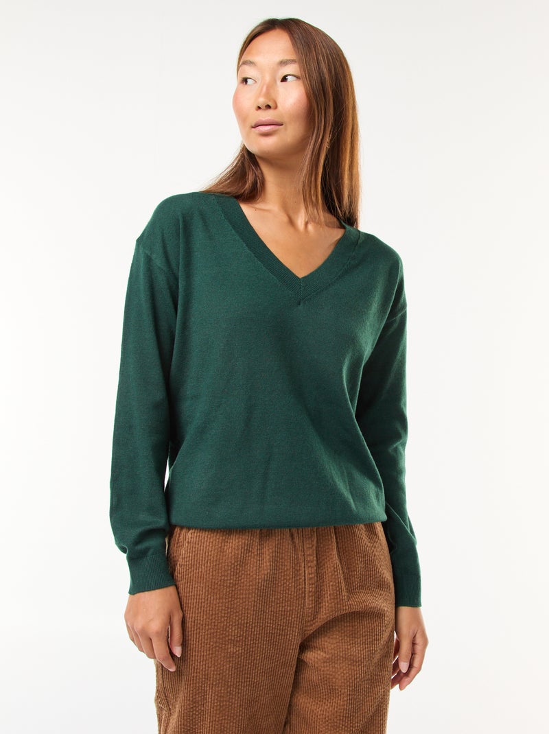 Pullover in maglia leggera scollo a V Verde - Kiabi