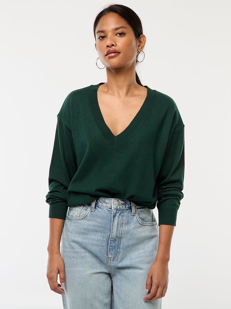 Pullover in maglia leggera scollo a V Verde - Kiabi