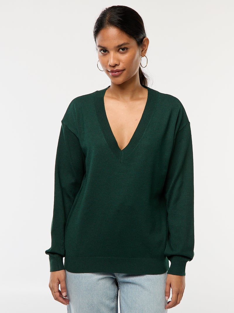 Pullover in maglia leggera scollo a V Verde - Kiabi