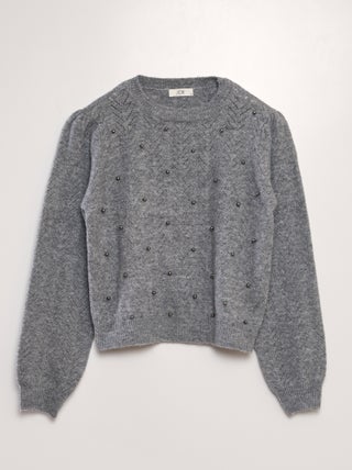 Pullover in maglia traforata con perle