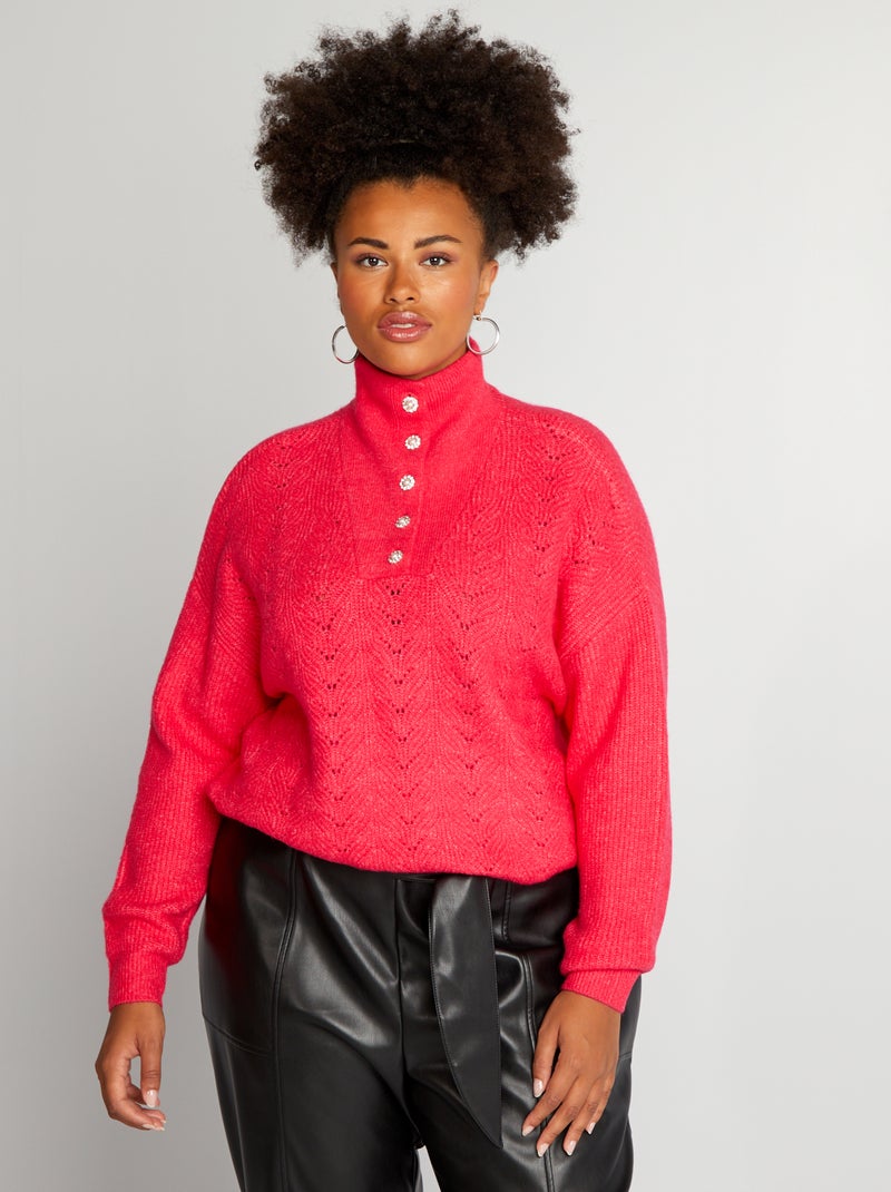 Pullover in maglia traforata e collo alto con zip Rosa - Kiabi