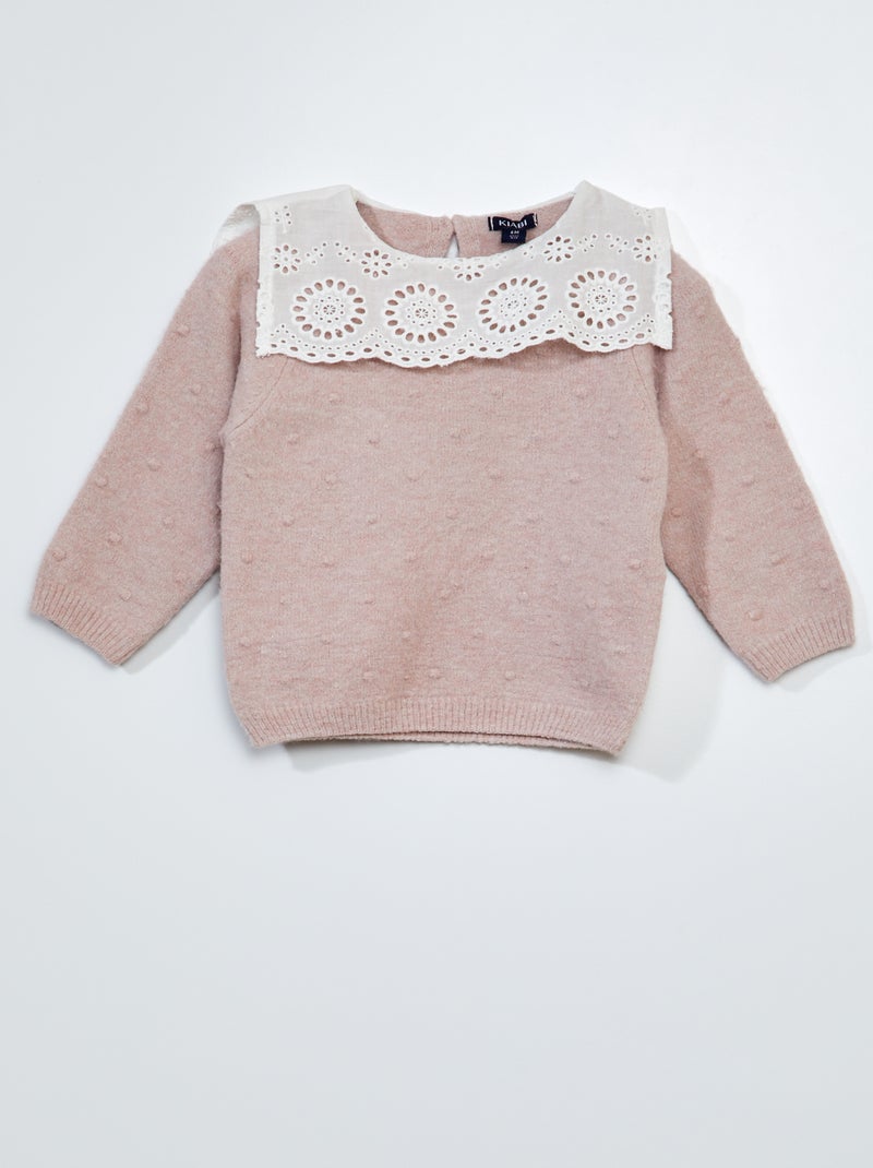 Pullover in maglia tricot, colletto con ricamo punto inglese ROSA - Kiabi