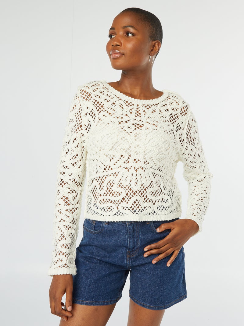 Pullover lavorato all'uncinetto a maniche lunghe BEIGE - Kiabi