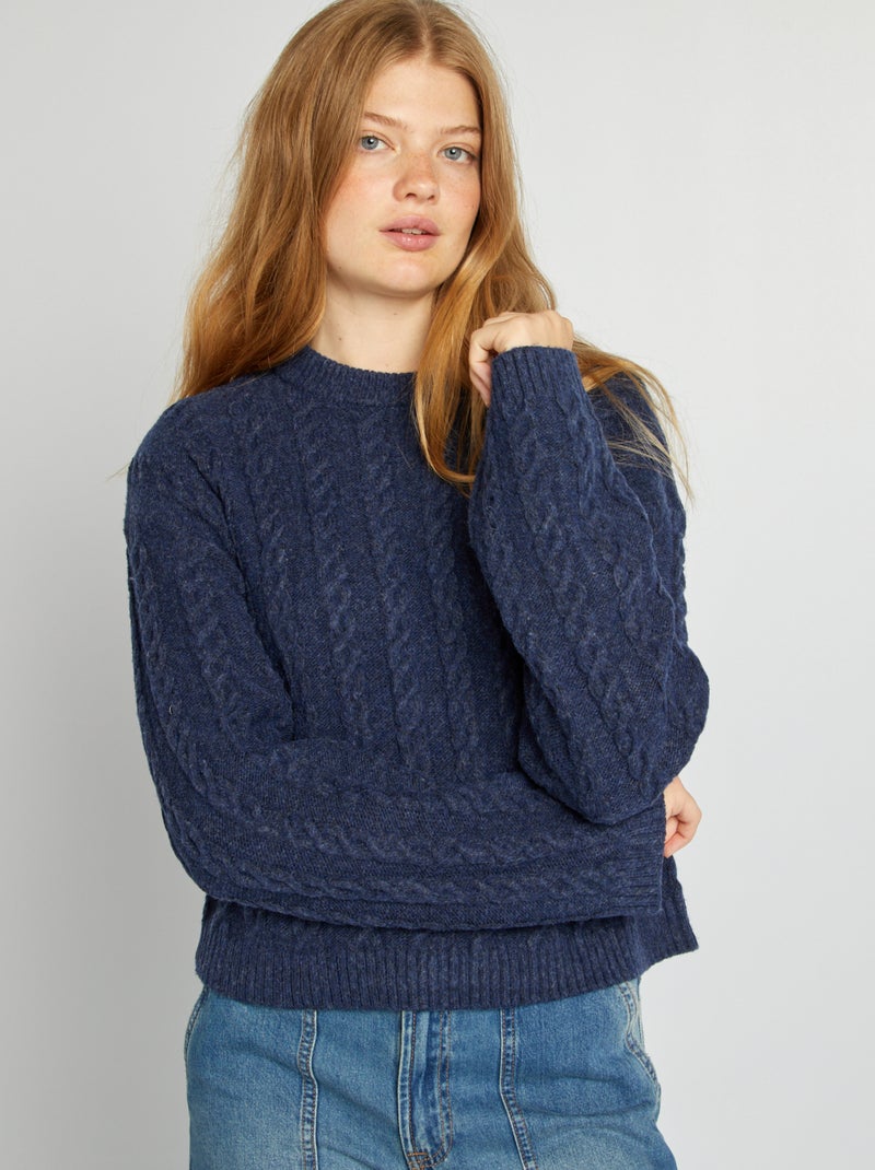 Pullover scollo tondo in maglia lavorata a trecce BLU - Kiabi