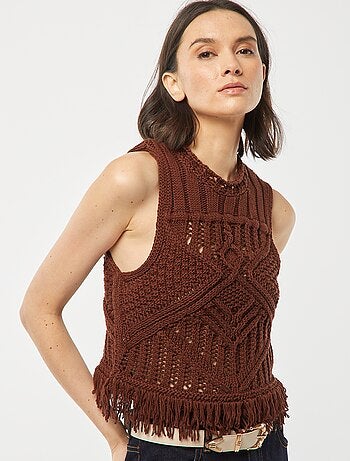 Pullover senza maniche in maglia fantasia con frange