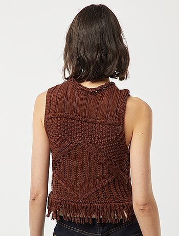 Pullover senza maniche in maglia fantasia con frange