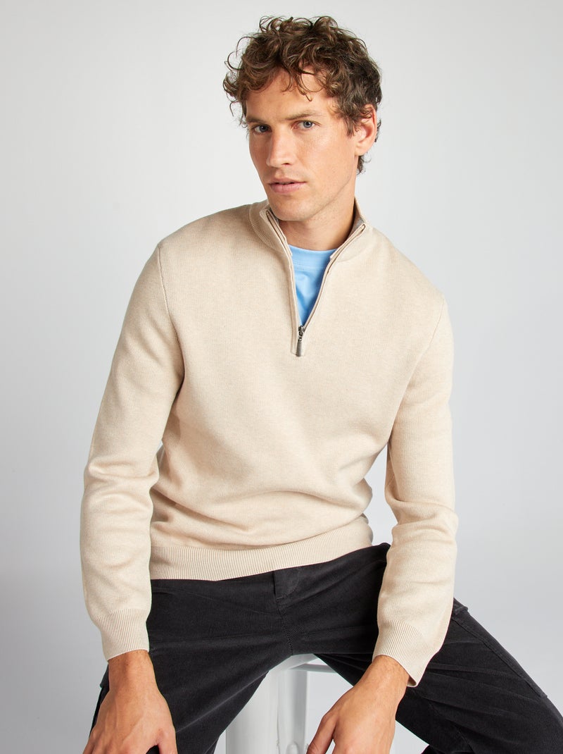 Pullover tinta unita a collo alto con zip BEIGE - Kiabi