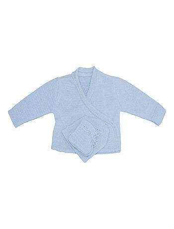 Questo set di cardigan, berretto e scarpine in maglia di Les Chatounets