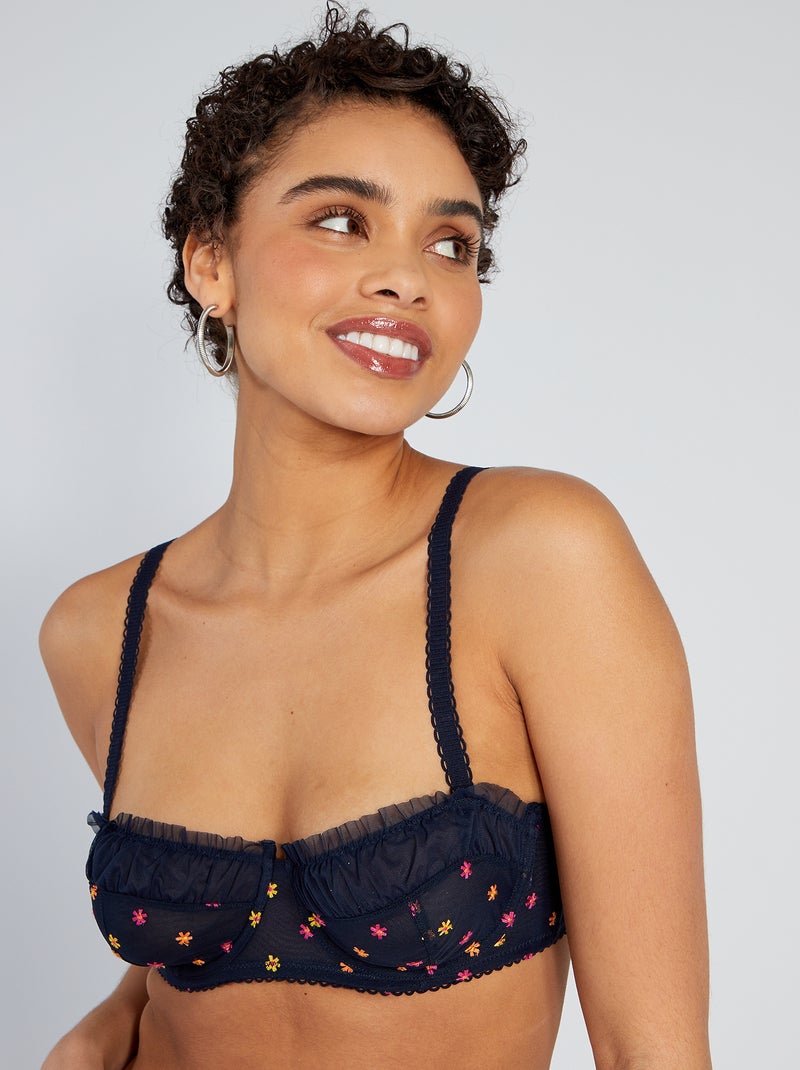 Reggiseno a balconcino in tulle e fiori ricamati blu - Kiabi