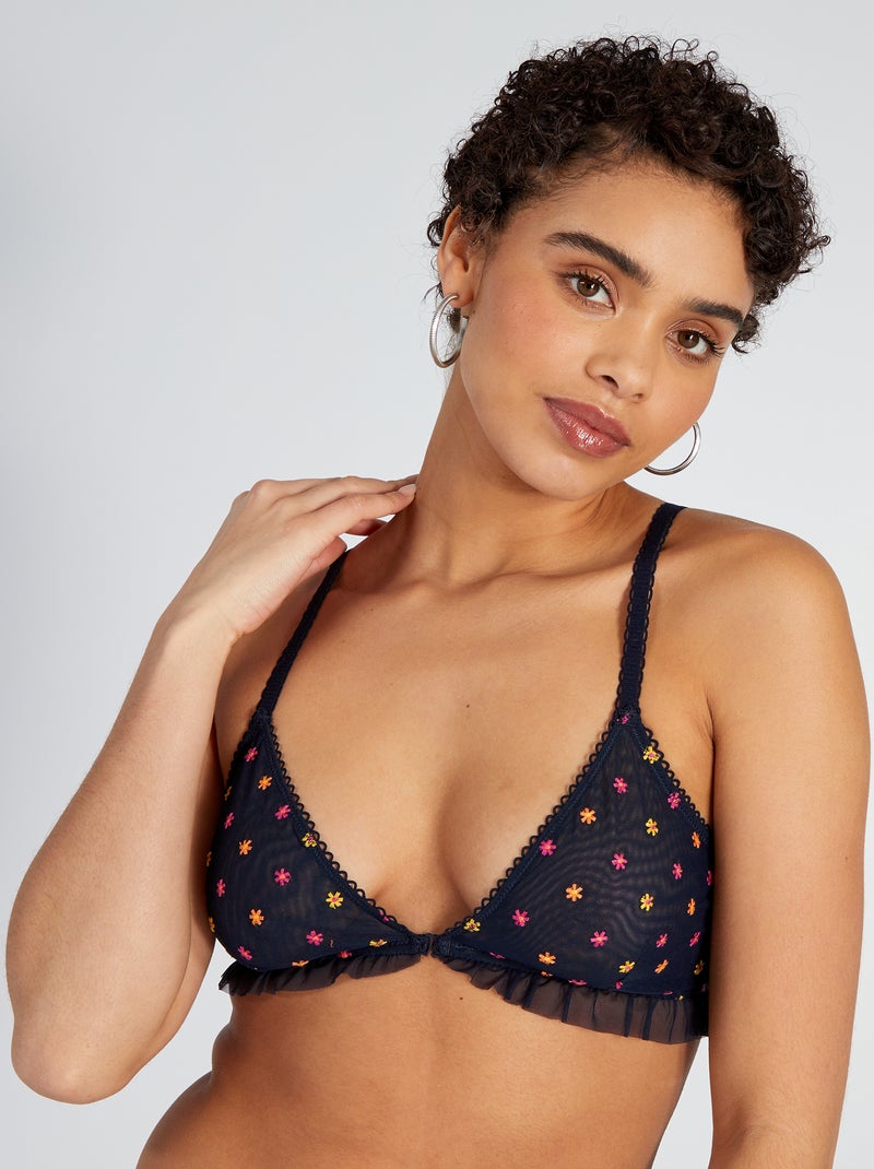 Reggiseno in tulle e fiori ricamati blu - Kiabi