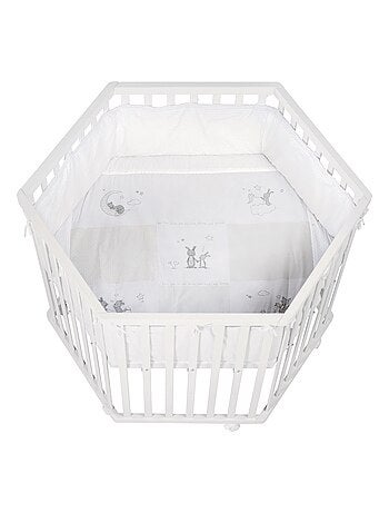 ROBA Box bébé esagonale in legno "Fox & Bunny" + tappeto e ruote con freno – bianco