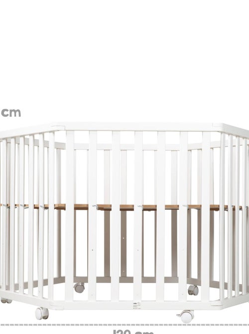 ROBA Box bébé esagonale in legno "Indibear" + tappeto e ruote con freno – bianco - Kiabi