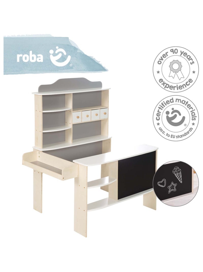 ROBA Negozietto in legno con 4 cassetti – ripiani e lavagna nera Bianco Grigio - Kiabi