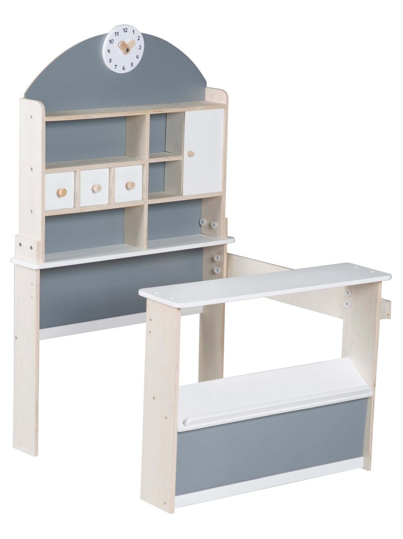 ROBA Negozietto in legno con ripiani e 3 cassetti + 2 banconi e orologio Bianco Grigio - Kiabi