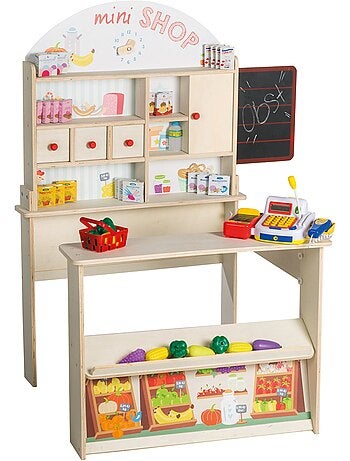 ROBA Negozietto "Minishop" in legno con orologio e lavagna nera – con accessori – naturale/stampato