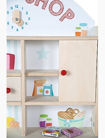 ROBA Negozietto "Minishop" in legno con orologio e lavagna nera – con accessori – naturale/stampato