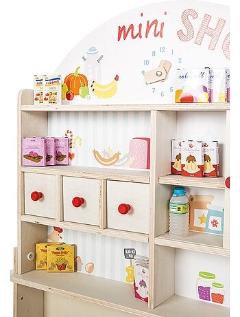 ROBA Negozietto "Minishop" in legno con orologio e lavagna nera – con accessori – naturale/stampato