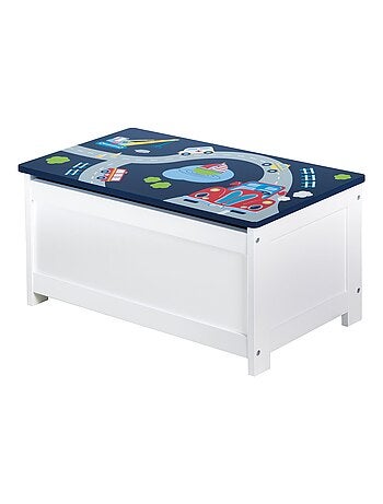 ROBA Panchina‑baule giocattoli "Rennfahrer" in legno per bambini – chiusura soft – bianco/blu
