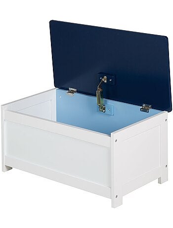 ROBA Panchina‑baule giocattoli "Rennfahrer" in legno per bambini – chiusura soft – bianco/blu