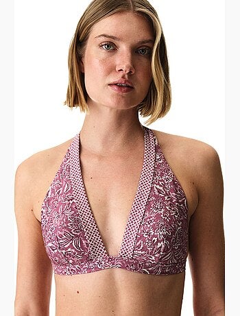 Rosa top bikini con scollo a v profondo e fiori penti