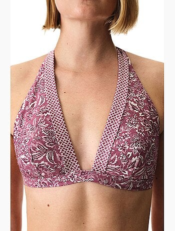 Rosa top bikini con scollo a v profondo e fiori penti