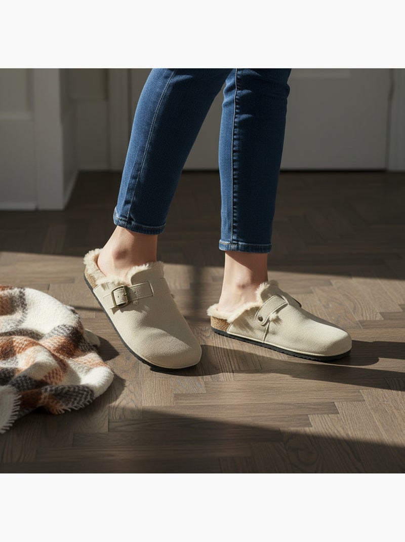 Sabot donna ozabi pelle scamosciata fodera in pelliccia fibbia regolabile Beige - Kiabi