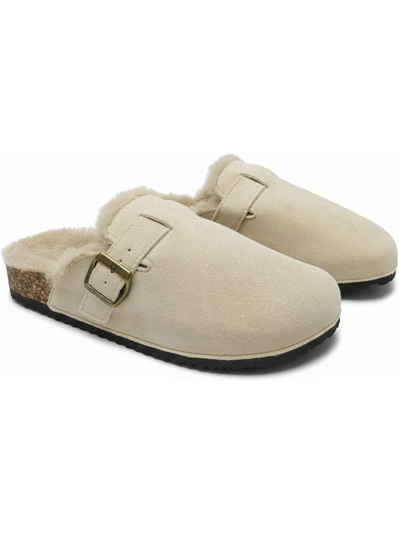 Sabot donna ozabi pelle scamosciata fodera in pelliccia fibbia regolabile Beige - Kiabi