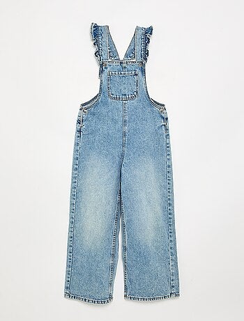 Salopette lunga in denim con bretelle a balze