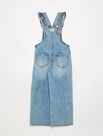 Salopette lunga in denim con bretelle a balze
