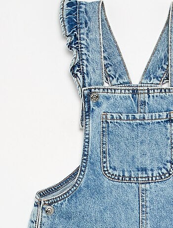 Salopette lunga in denim con bretelle a balze