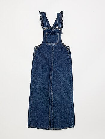 Salopette lunga in denim con bretelle a balze