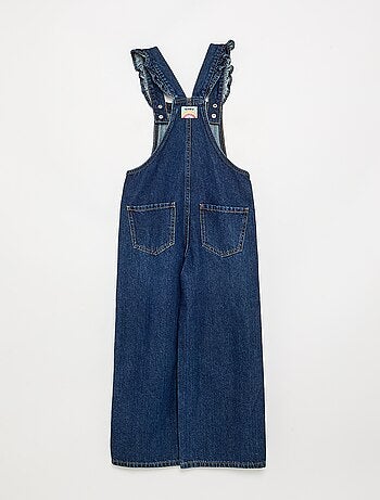 Salopette lunga in denim con bretelle a balze