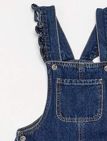 Salopette lunga in denim con bretelle a balze