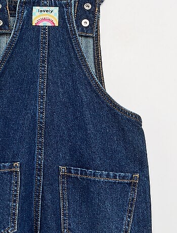 Salopette lunga in denim con bretelle a balze