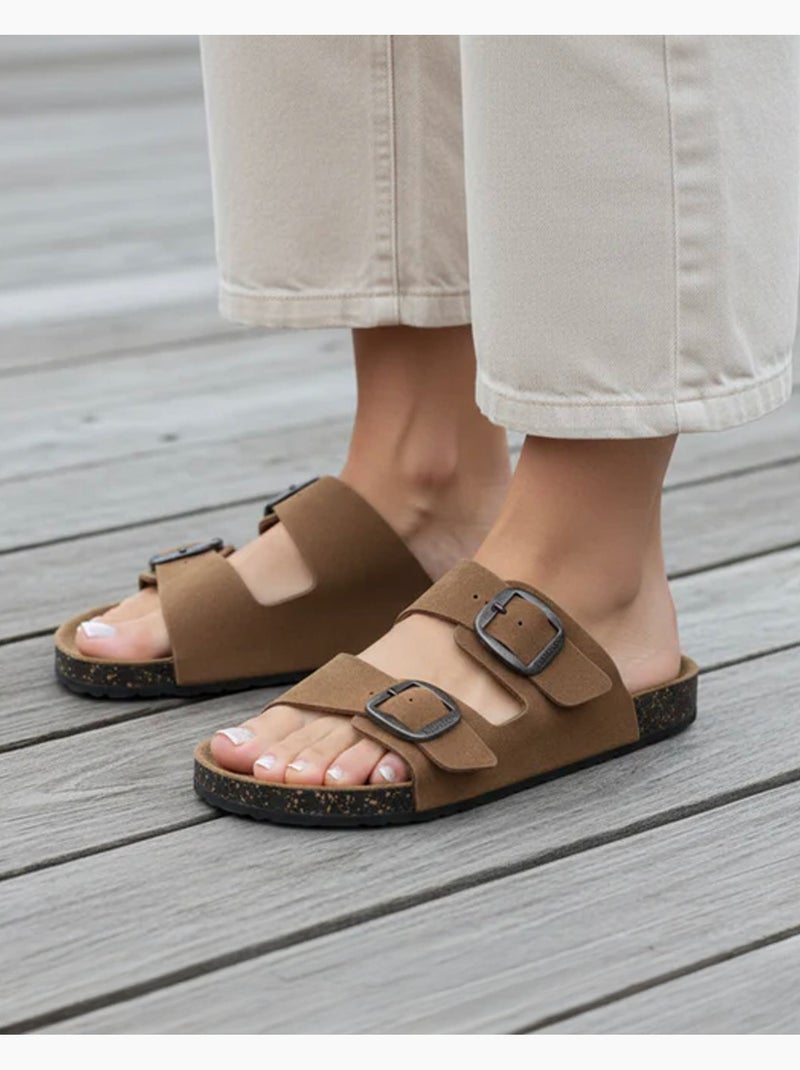 Sandali con doppi cinturini ultracomodi, sottopiede in pelle isotoner Cammello - Kiabi