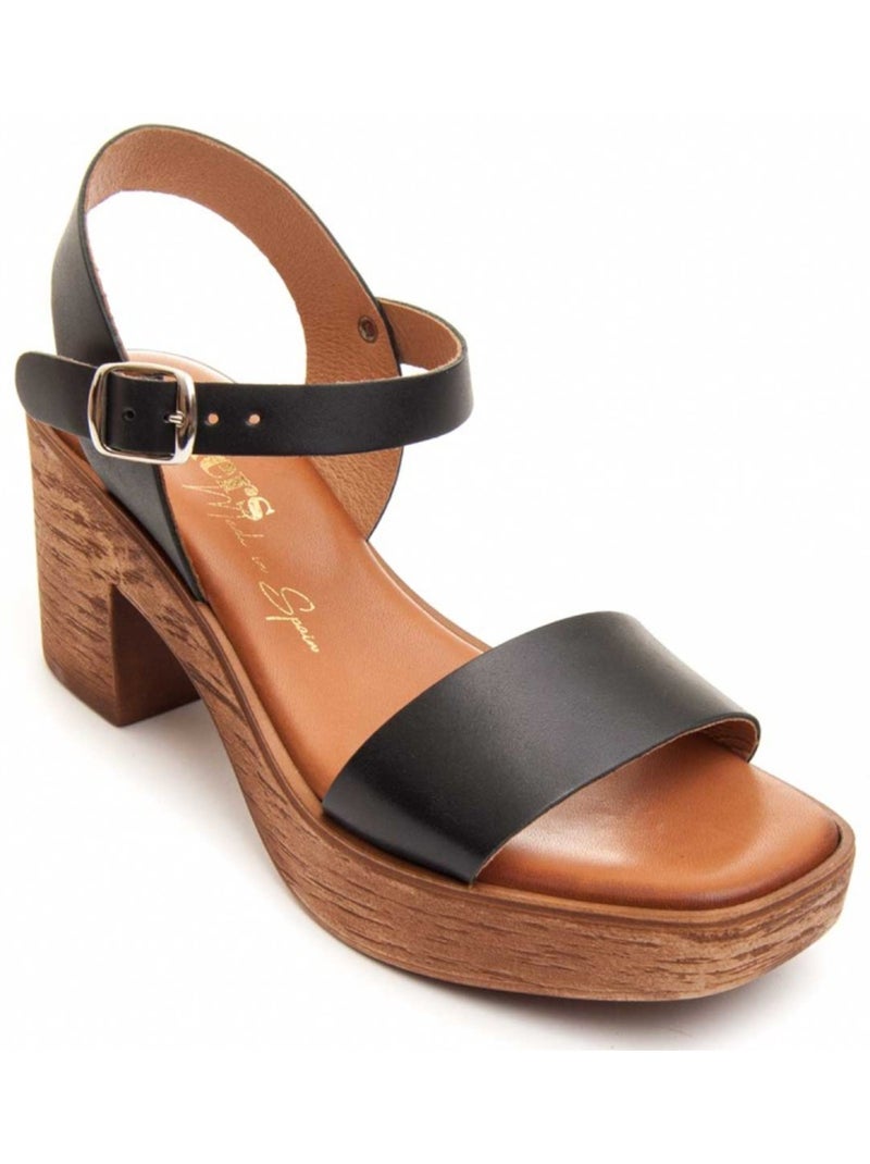 Sandali Con Tacco Pelle Naturale Wikers Nero - Kiabi