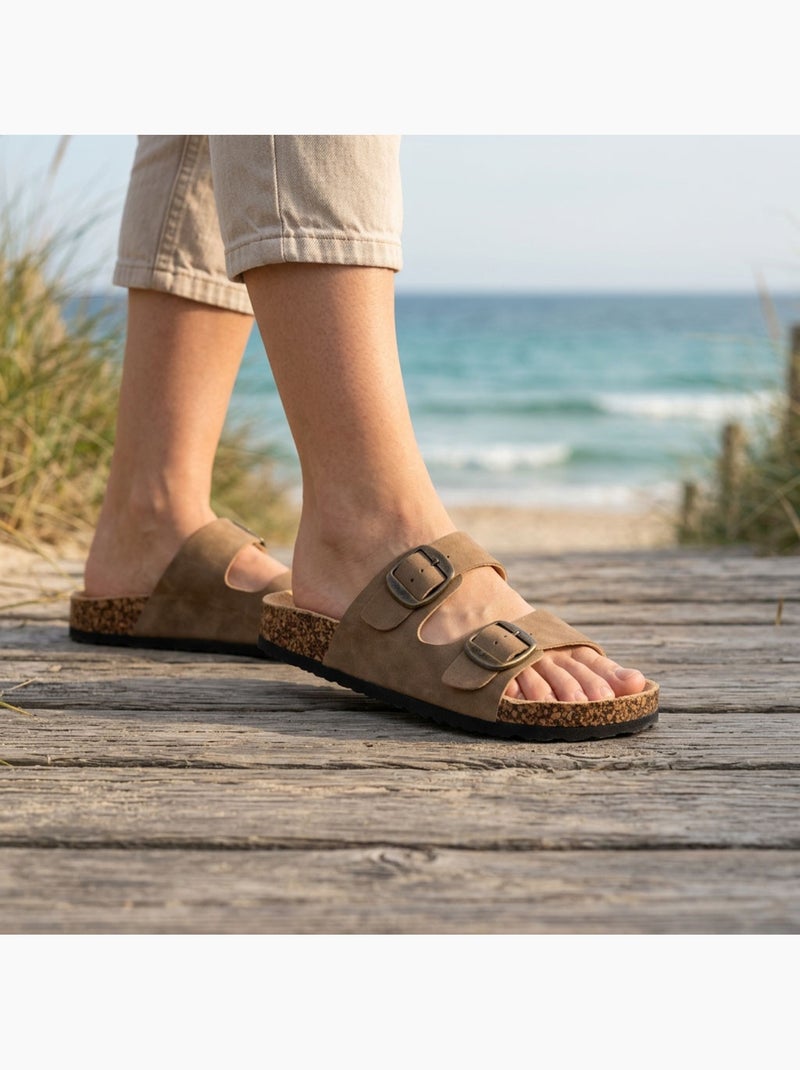 Sandali Mule 2 Fibbie Nubuck Nero Beige Cammello OZABI Cammello - Kiabi