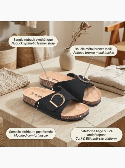Sandali Mule Fibbia Rotonda Nubuck Nero Beige OZABI - Kiabi Sandali Mule Fibbia Rotonda Nubuck Nero Beige OZABI - Kiabi