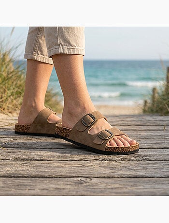 Sandali Mule OZABI 2 Fibbie Nubuck Nero Beige Cammello