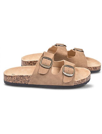 Sandali Mule OZABI 2 Fibbie Nubuck Nero Beige Cammello