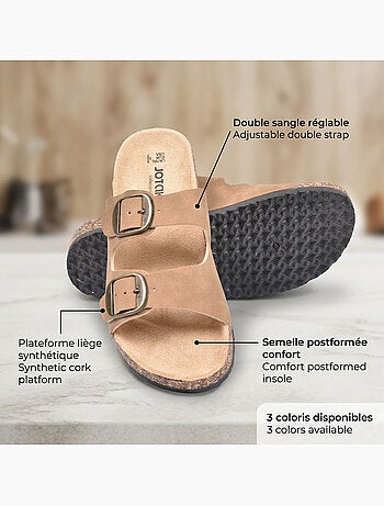 Sandali Mule OZABI 2 Fibbie Nubuck Nero Beige Cammello