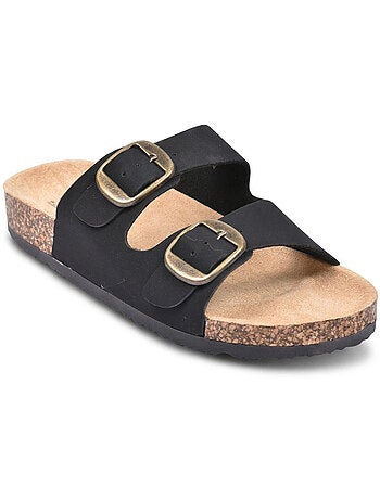 Sandali Mule OZABI 2 Fibbie Nubuck Nero Beige Cammello