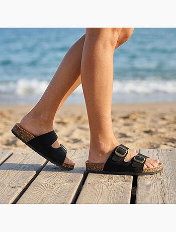 Sandali Mule OZABI 2 Fibbie Nubuck Nero Beige Cammello