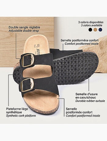 Sandali Mule OZABI 2 Fibbie Nubuck Nero Beige Cammello