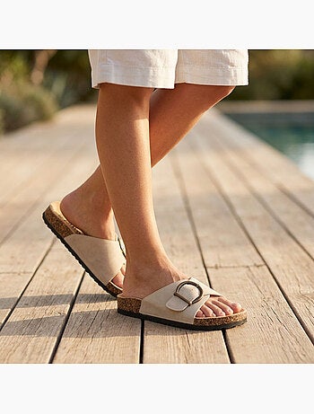 Sandali Mule OZABI Fibbia Rotonda Nabuk Nero Beige