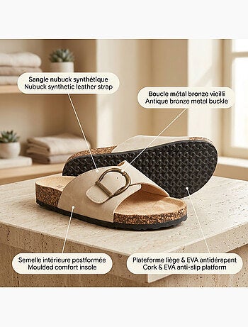 Sandali Mule OZABI Fibbia Rotonda Nabuk Nero Beige