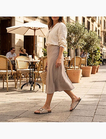 Sandali Mule OZABI Fibbia Rotonda Nabuk Nero Beige