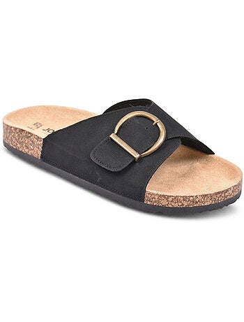 Sandali Mule OZABI Fibbia Rotonda Nabuk Nero Beige