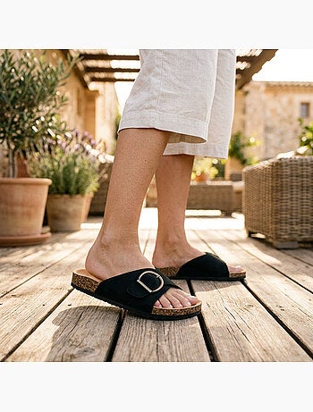 Sandali Mule OZABI Fibbia Rotonda Nabuk Nero Beige